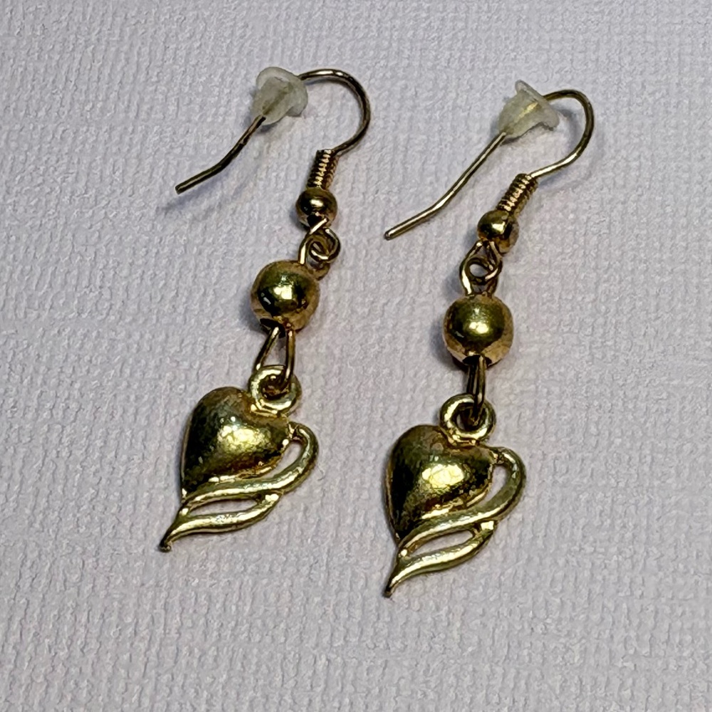 Handcrafted Earrings Pierced Unique Women Gold Tone Heart Dangle 1.5 inches